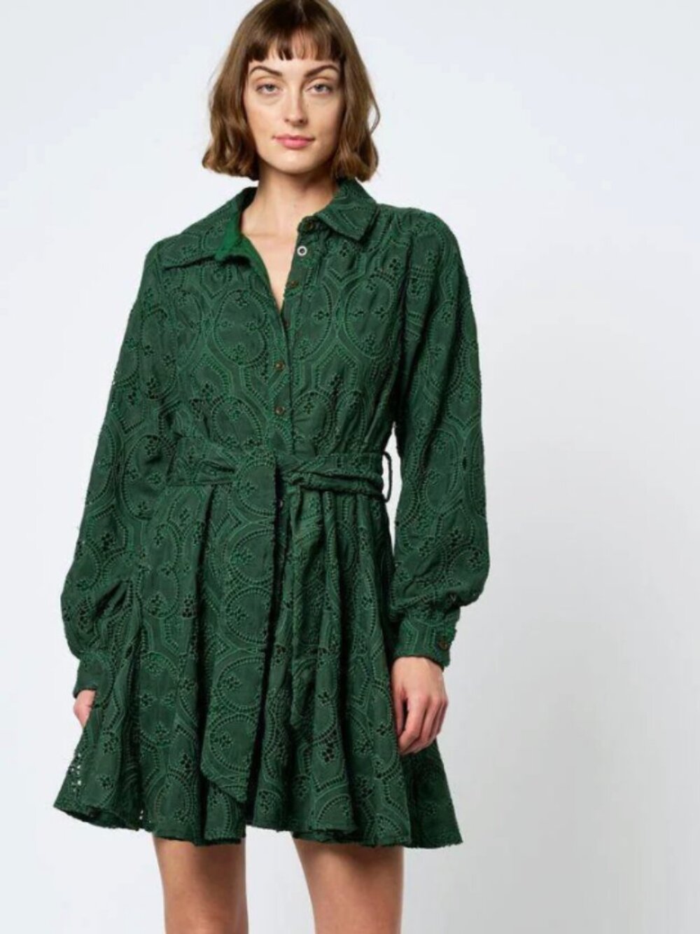 CIEBON Dark Green Embroidered Lace Belted Shirt Dress Small NWT